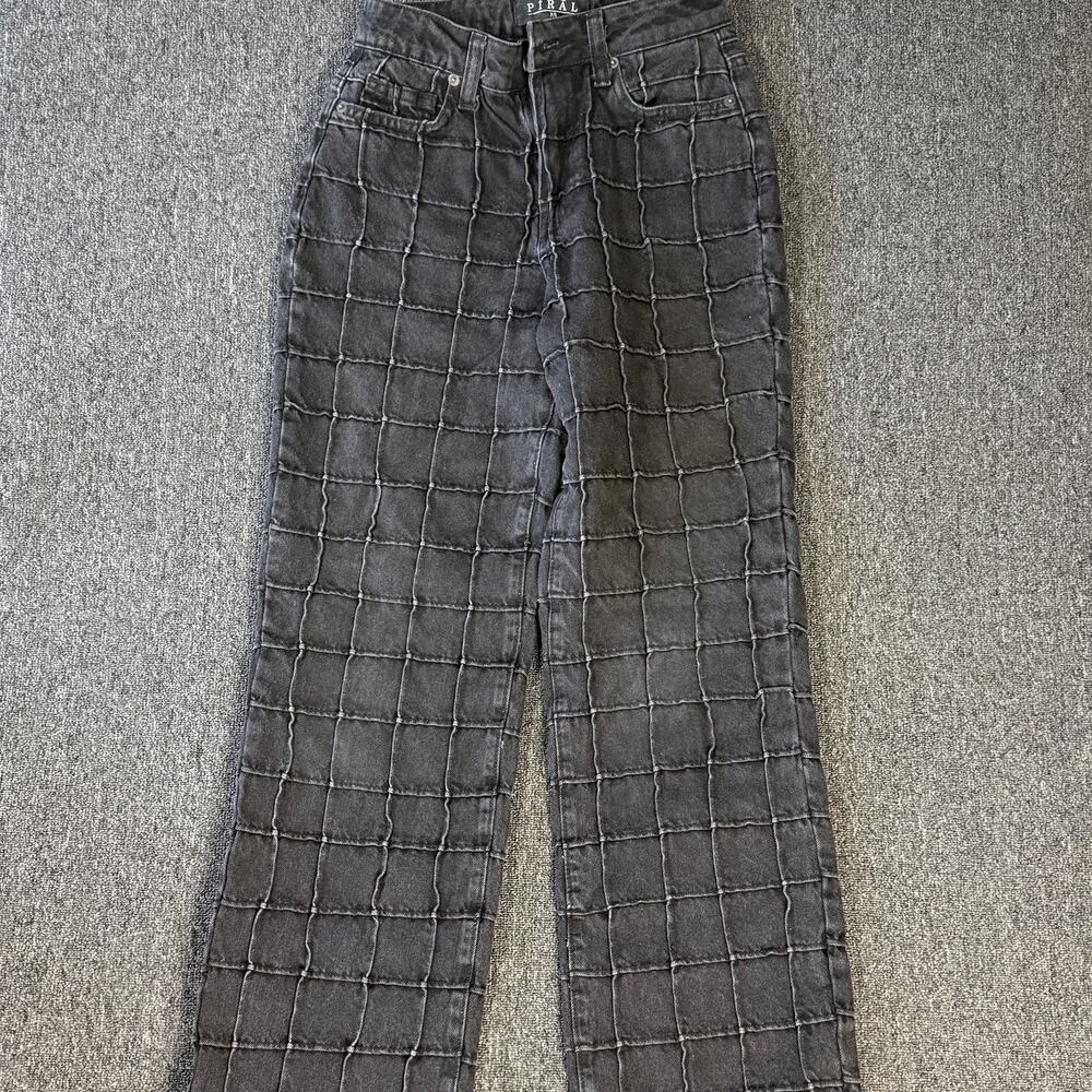 Vintage Y2k Piral Grid Checked High Waisted Cotton Black Baggy Jeans XS/W24